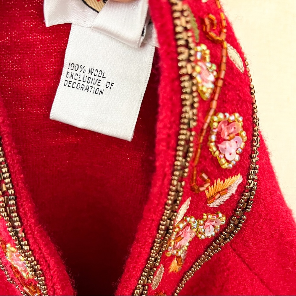 Talbots Vintage Red Wool Embroidered Beaded Jacket Large - Picture 7 of 10